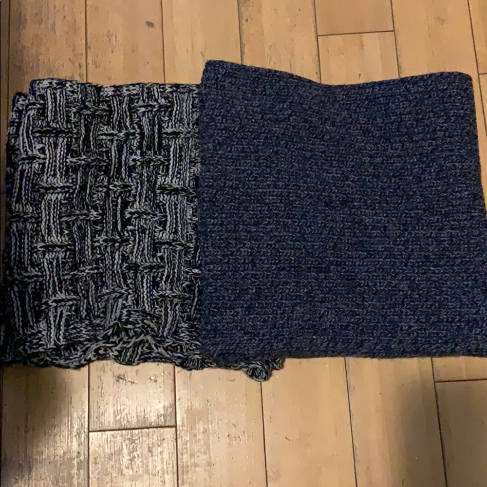 Two knitted infinity scarves.